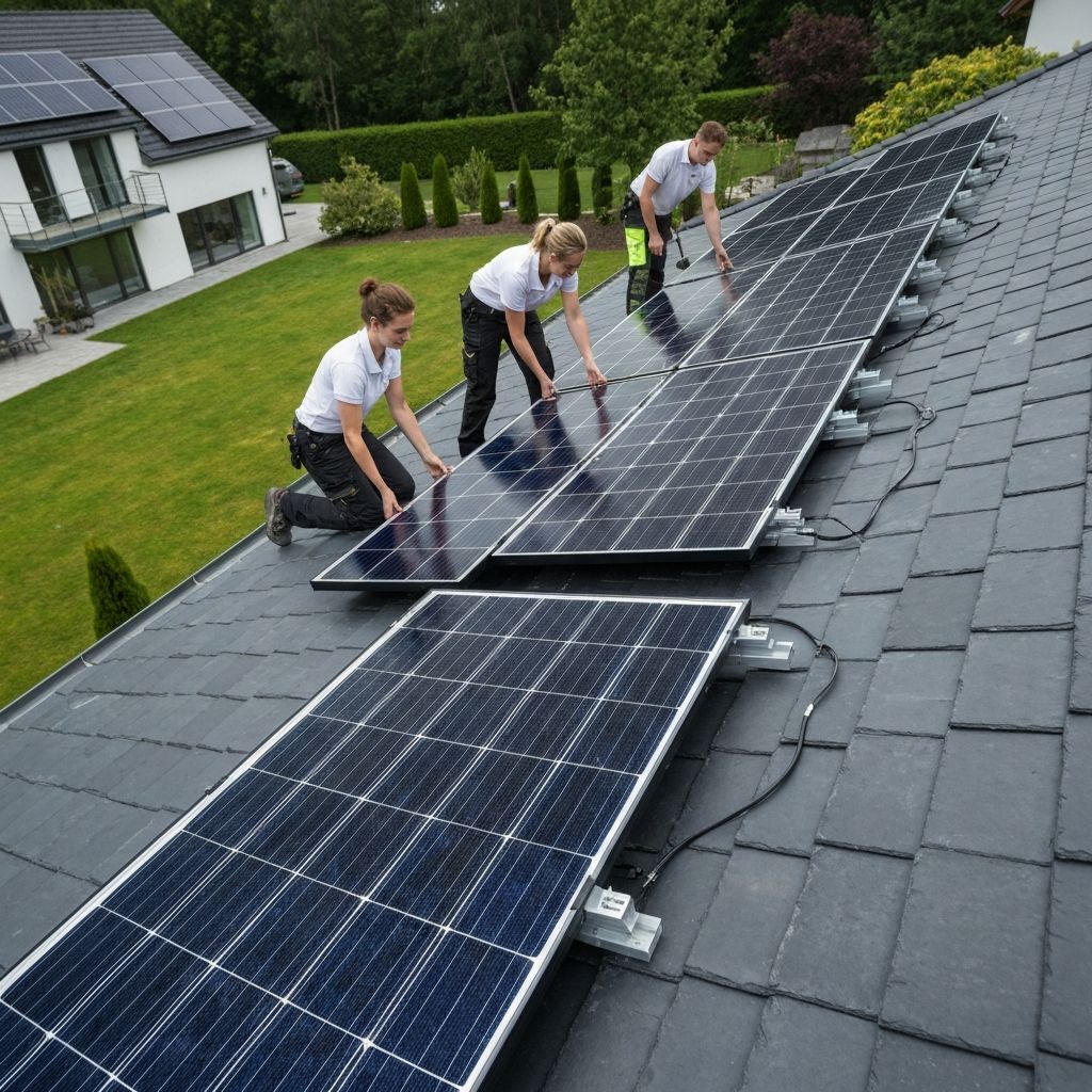 Instalação de painéis solares em residência com sistema fotovoltaico